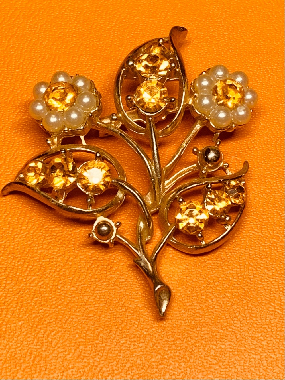 Coro Gold-Tone Floral Brooch with Amber Crystals and Pearls